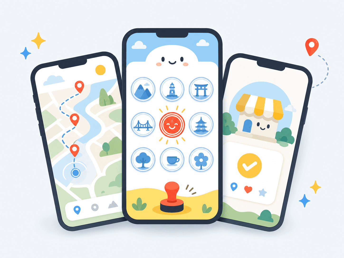 3台のスマホに表示されたスタンプラリー画面のイラスト