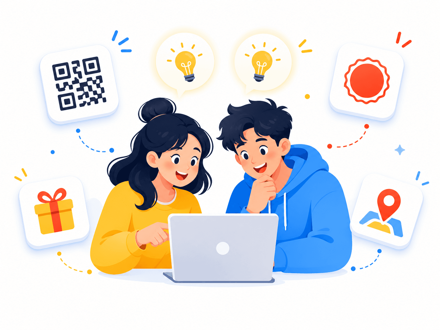 QRコードや特典など機能を組み合わせるイラスト
