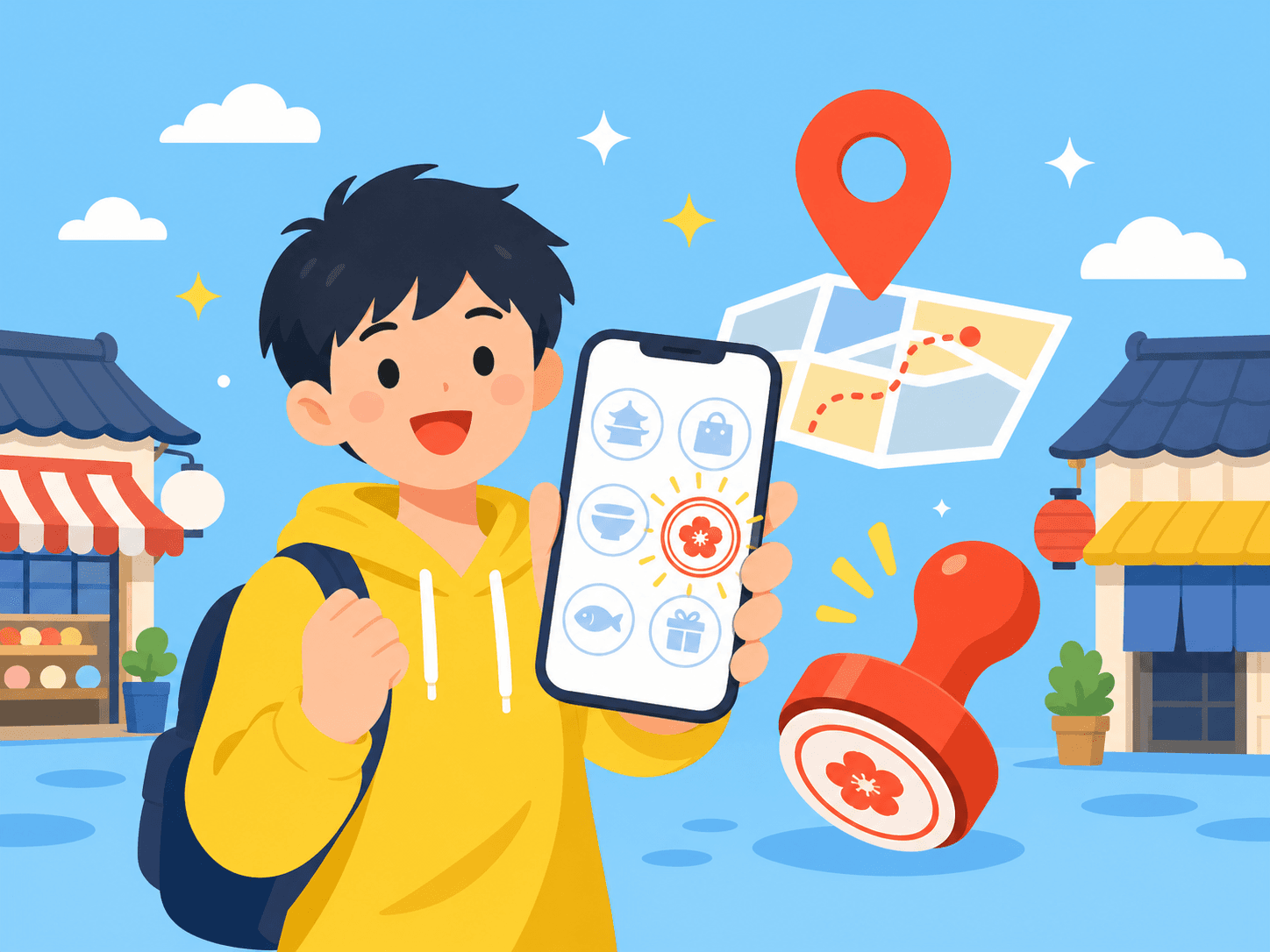 スマホで巡るデジタルスタンプラリーのイラスト