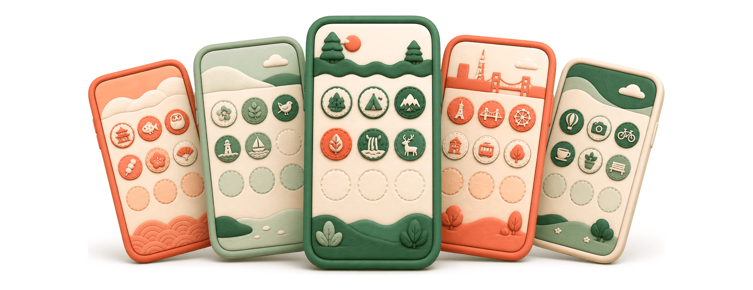 5台のスマートフォンに表示された、それぞれ違うテーマのスタンプラリー画面のイラスト