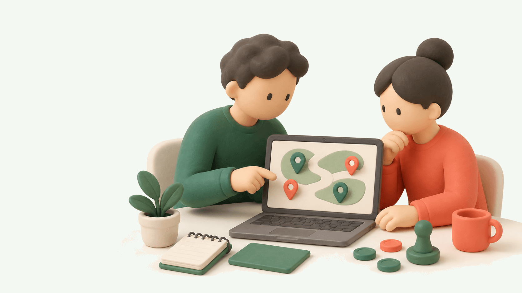 2人でノートパソコンを見ながらスタンプラリーをつくるイラスト
