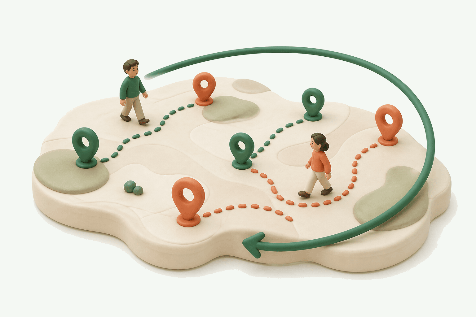 地図上のピンを点線ルートで巡り周回するイラスト