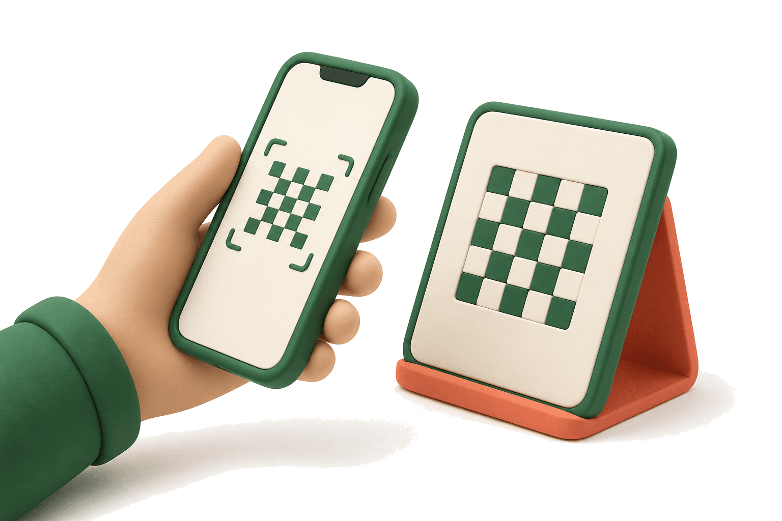 卓上のQRコードスタンドにスマートフォンをかざすイラスト