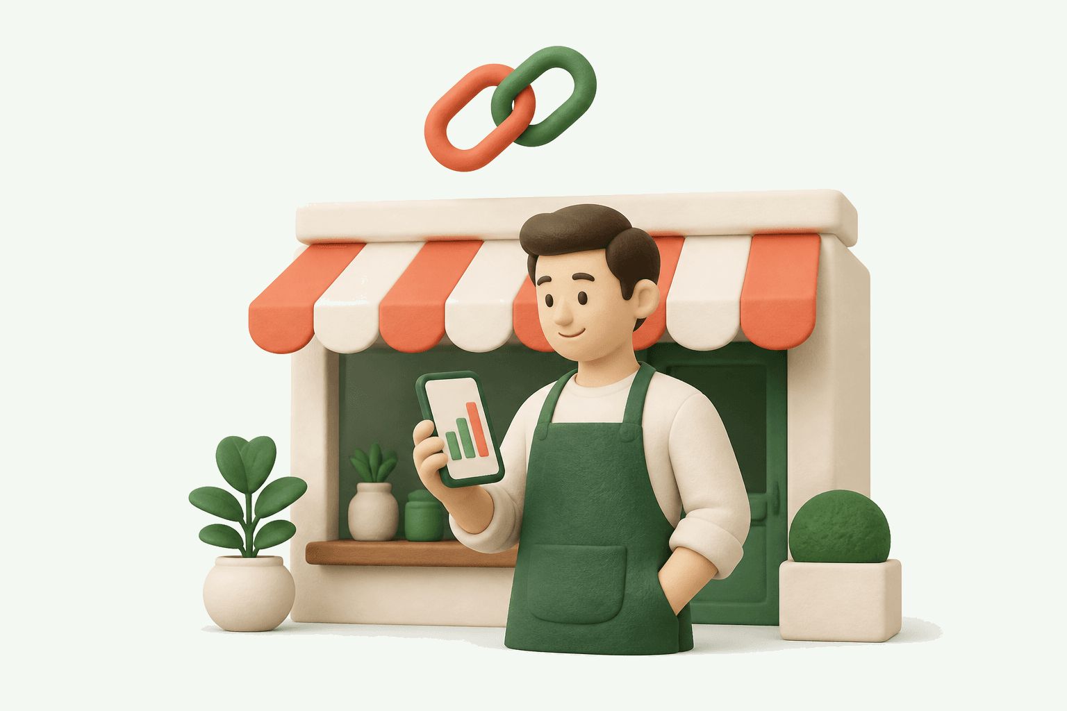 店主が自店のレポートグラフをスマートフォンで確認するイラスト